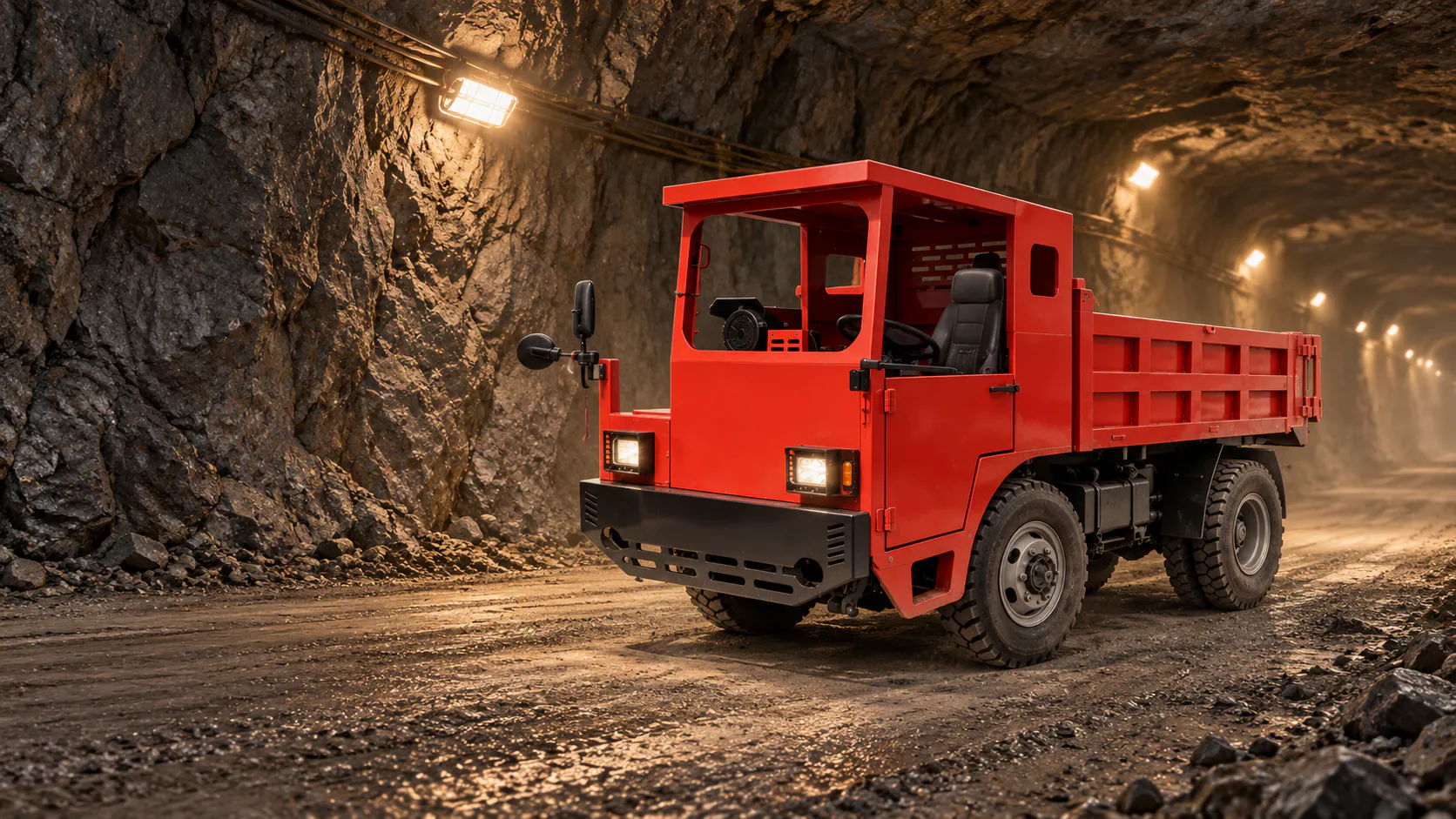 A red underground mining dump truck inside an illuminated rock haulage tunnel.